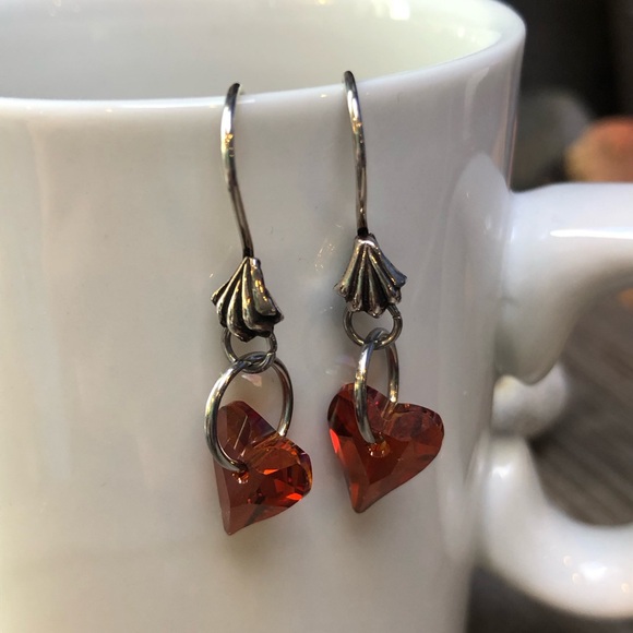 Red Swarovski Crystal Heart Sterling Silver Dangle Earrings ❤️ - Picture 2 of 7